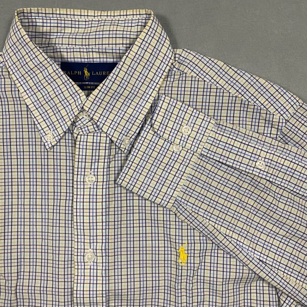 Polo Ralph Lauren Dress Shirt Mens 16 32/33‎ Check Plaid Slim Fit Yellow Blue